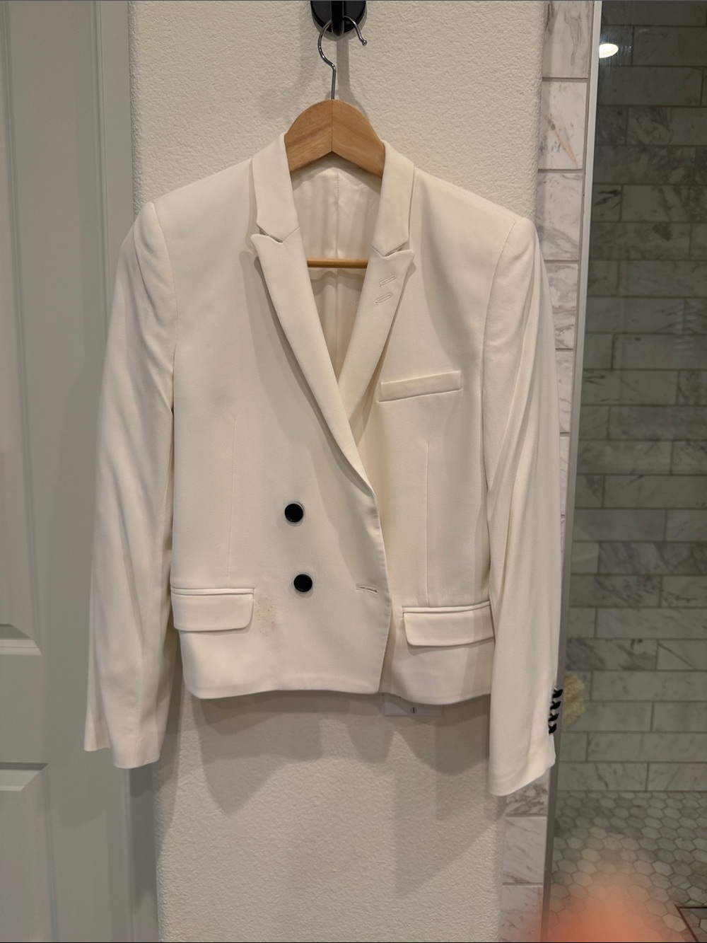 The Kooples Cream Double-Breasted Blazer with Black Buttons